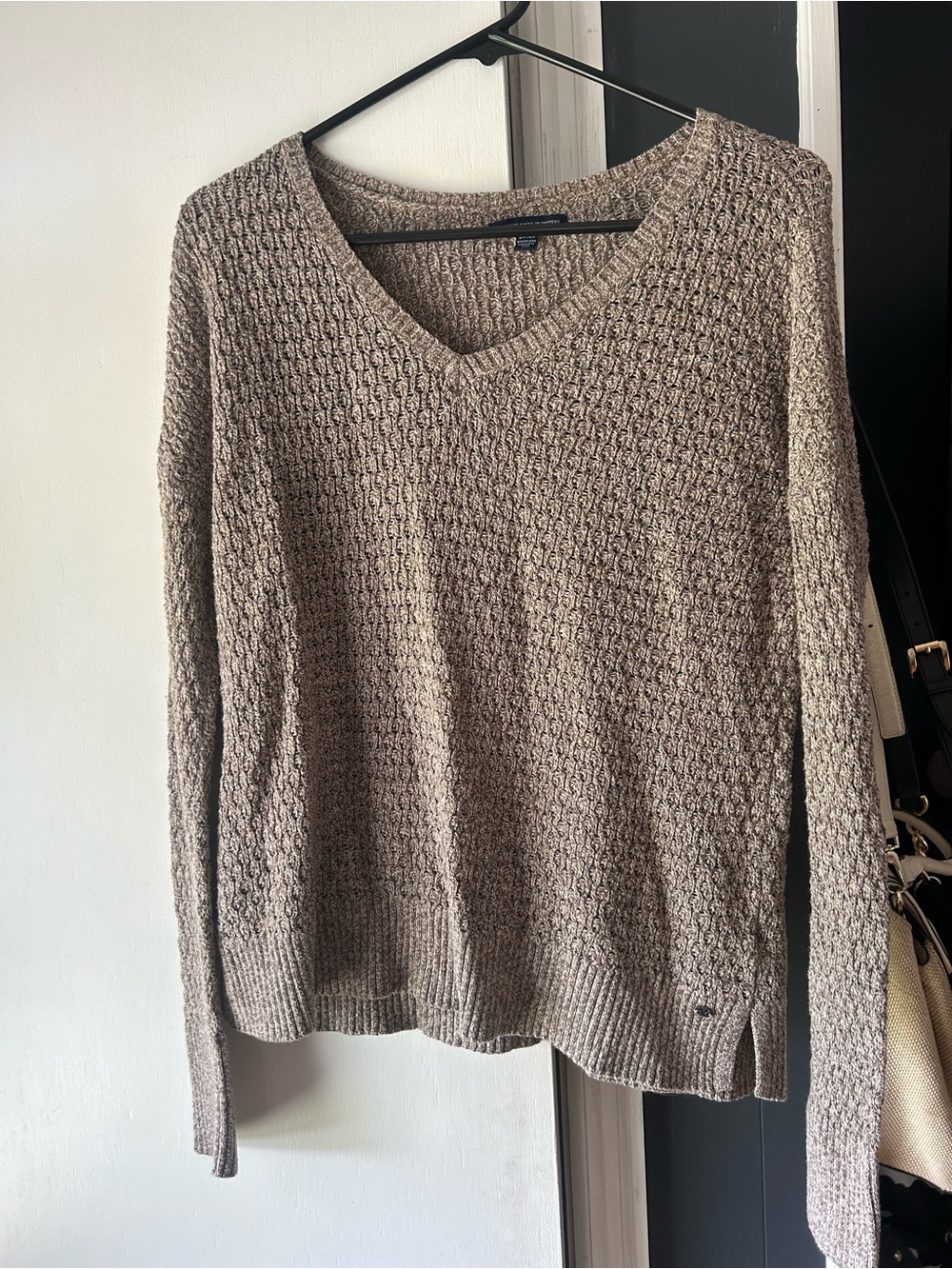 American Eagle Outfitters Taupe Textured V-Neck Sweater